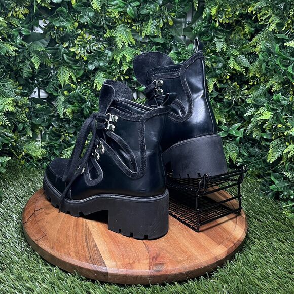 ZARA Boots Women 9 US 40 EU Black Moto Combat‎ Chunky Heel Lace Up Ankle 2111 - Picture 7 of 14